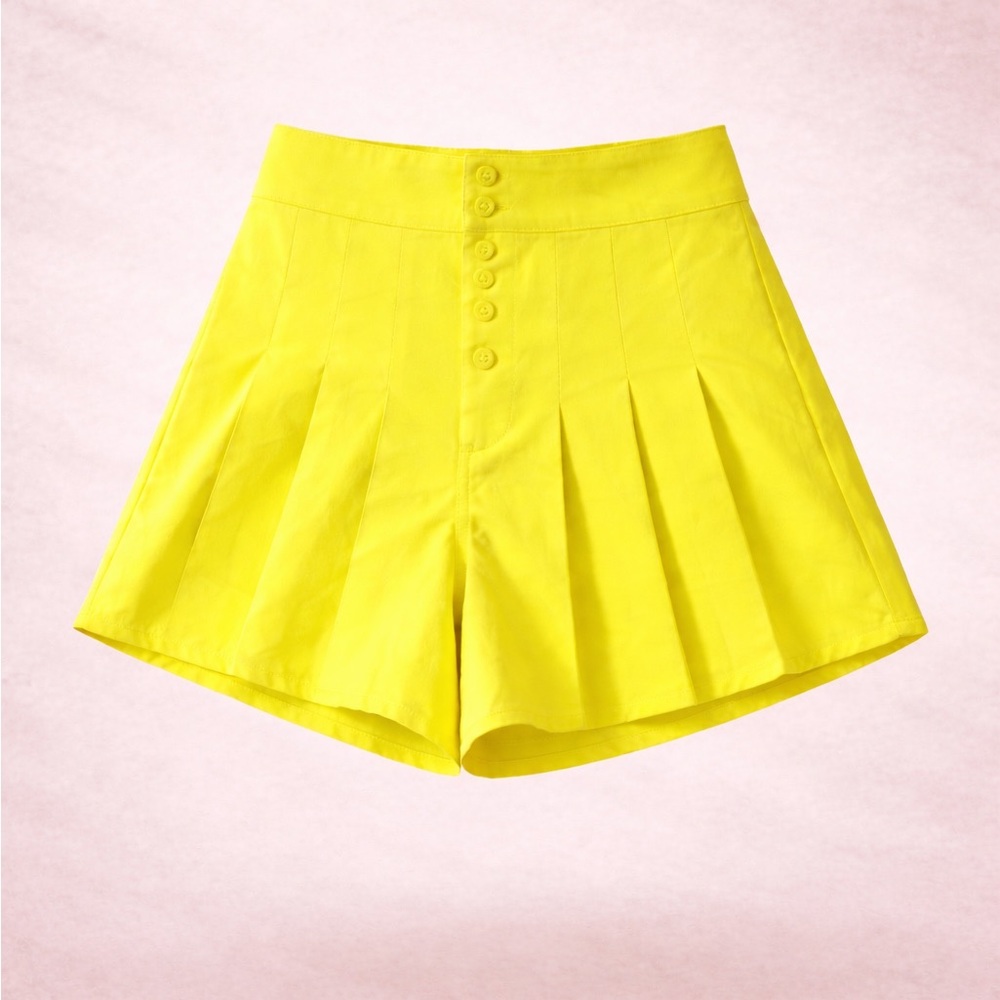 Yellow Pleated High-Waist Women’s Shorts